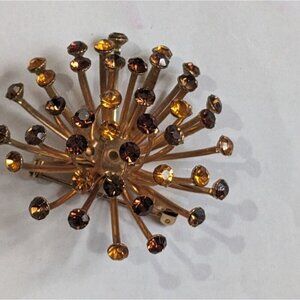 Vintage Atomic Age Rhinestone Wirework Starburst GoldTone Brooch Pin 2"